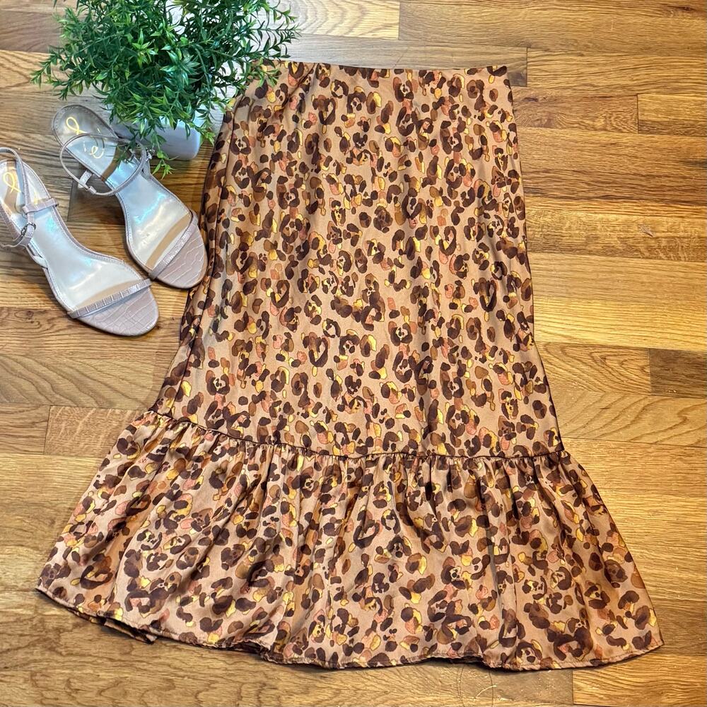 Forgotten Grace Womens XS Satin Brown Tan Cheetah Print Animal Print Midi Skirt